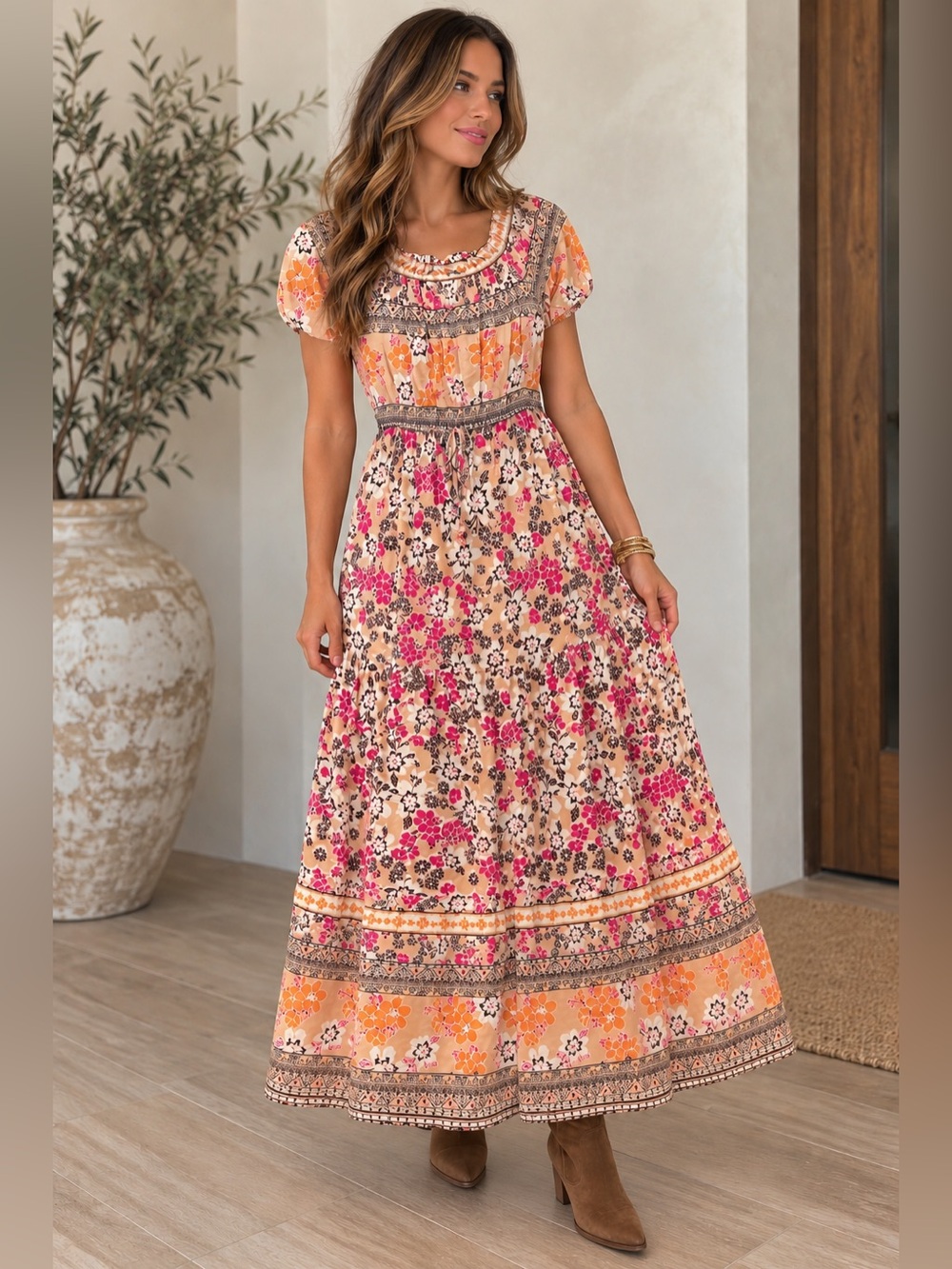 Smocked Waist Floral Maxi Dress in Peach and Pink